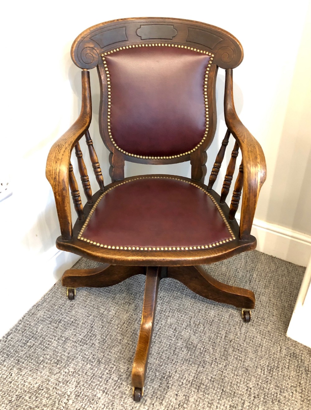Antique Oak Swivel Office Desk Chair  View II