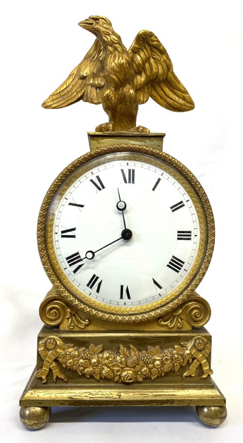 fig 1. Antique Regency Gilt Bronze Mantel Clock With Eagle Final And Floral Mounts