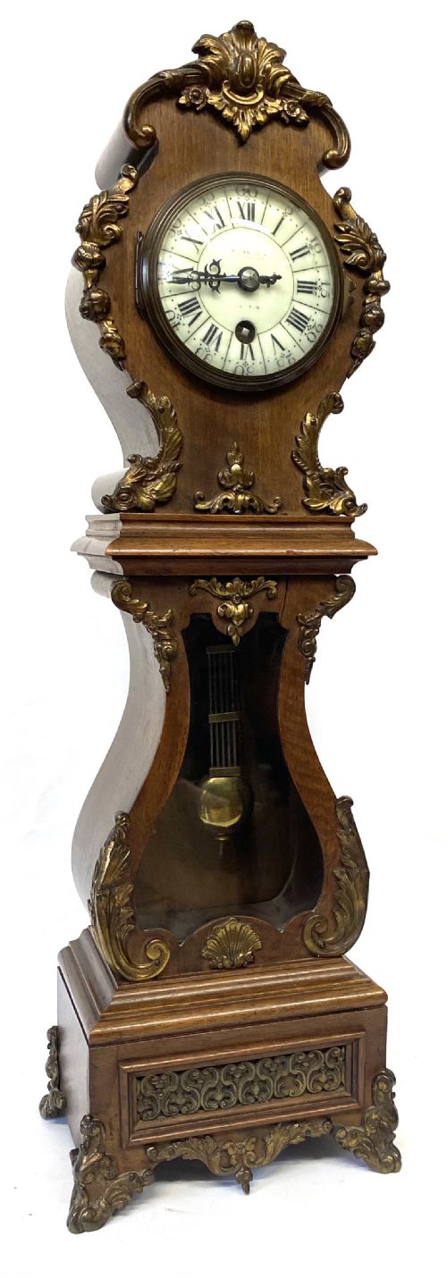 Stunning Antique Ormolu Mounted Miniature Grandfather Clock with Mahogany Case
