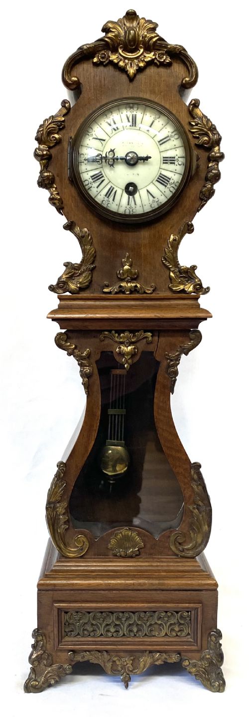 fig 2. Stunning Antique Ormolu Mounted Miniature Grandfather Clock With Mahogany Case
