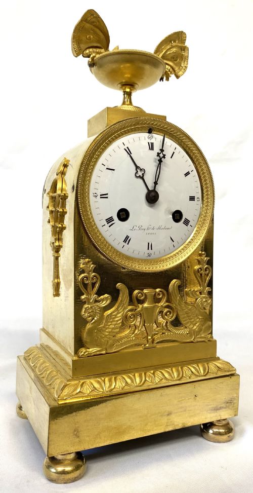 Antique Chiming Gilt Bronze Mantel Clock with Butterfly’s and Griffins by Le Roy a Paris