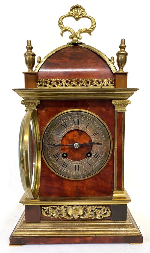 fig 1. Antique French Red Veneered Mantel Clock With Gilt Brass Mounts