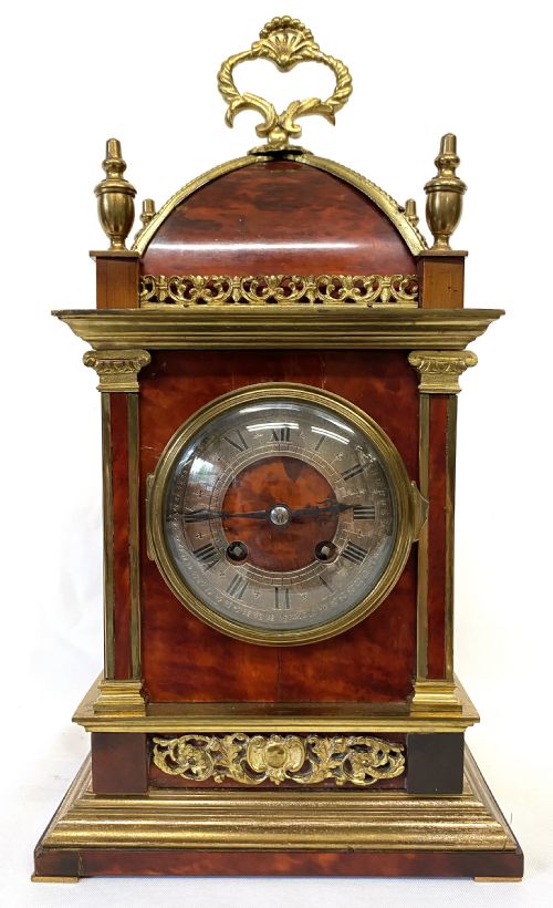 fig 2. Antique French Red Veneered Mantel Clock With Gilt Brass Mounts