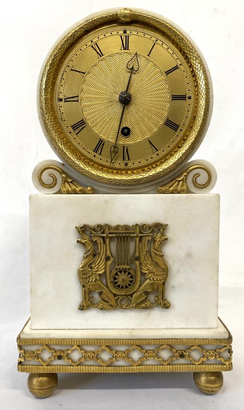 fig 1. Antique Regency White Marble Single Fusee Mantel Clock By Nicoll Great Portland St London with Ormolu Mounts