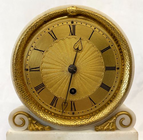 fig 2. Antique Regency White Marble Single Fusee Mantel Clock By Nicoll Great Portland St London with Ormolu Mounts