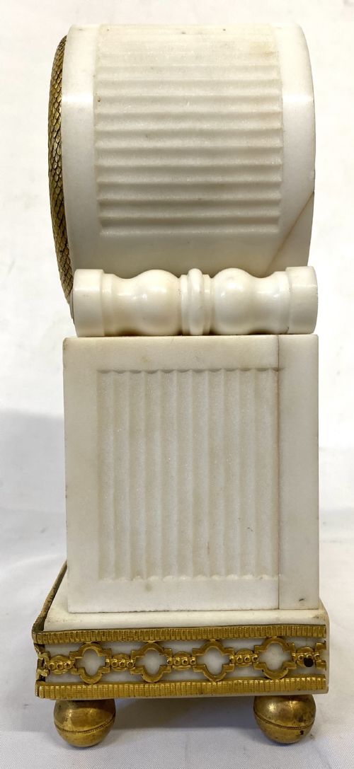 fig 3. Antique Regency White Marble Single Fusee Mantel Clock By Nicoll Great Portland St London with Ormolu Mounts