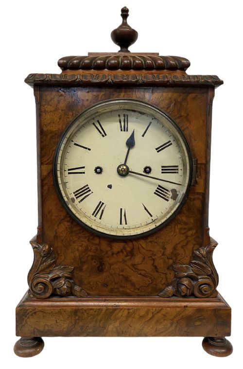 fig 1. Antique Double Chain Fusee Walnut Mantel Clock With Floral Carvings