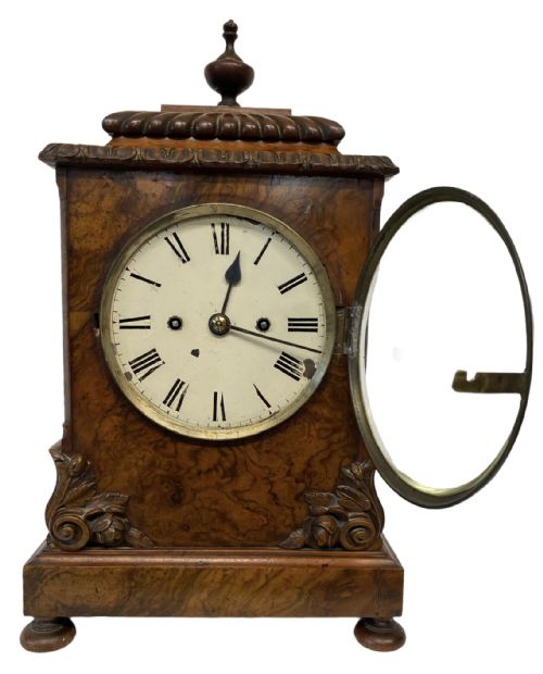 fig 2. Antique Double Chain Fusee Walnut Mantel Clock With Floral Carvings