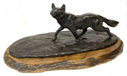 Antique Japanese Meiji Period Bronze Figure of a Walking Fox on Wooden Base