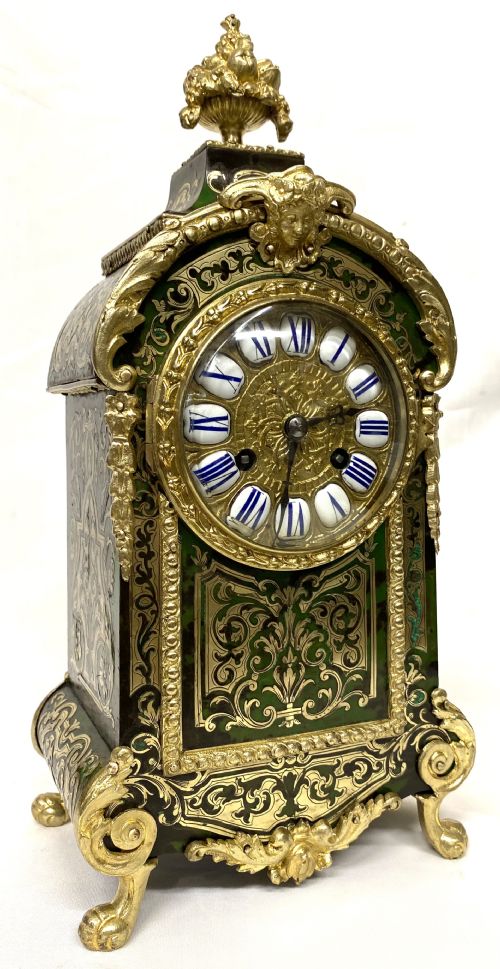 Lovely Antique French Ormolu Mounted Green Boulle Clock with Enamel Numerals