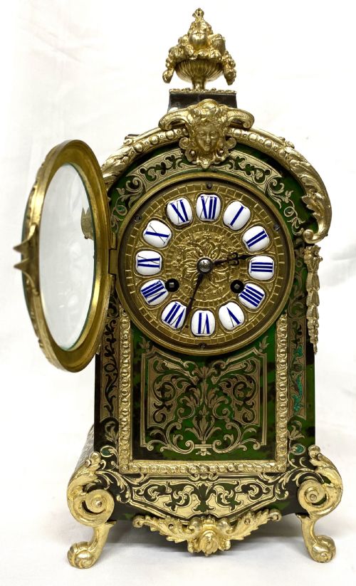 fig 1. Lovely Antique French Ormolu Mounted Green Boulle Clock With Enamel Numerals