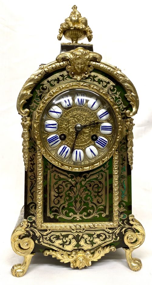 fig 2. Lovely Antique French Ormolu Mounted Green Boulle Clock With Enamel Numerals