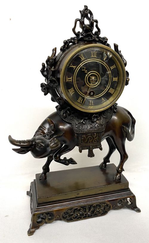 Antique Japanese Bronze Figural Mantel Clock Featuring a Water Buffalo Working