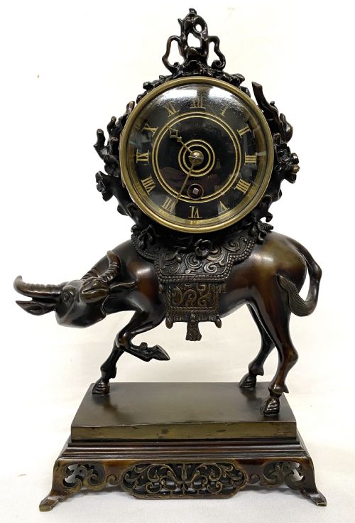 fig 1. Antique Japanese Bronze Figural Mantel Clock Featuring A Water Buffalo Working