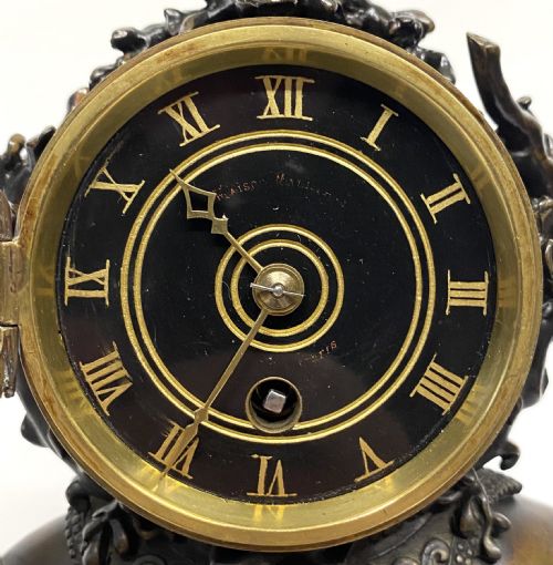 fig 2. Antique Japanese Bronze Figural Mantel Clock Featuring A Water Buffalo Working