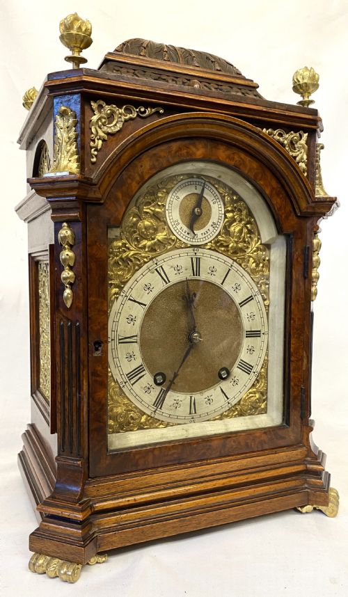 Antique Walnut German Ting Tang Mantel Clock with Ormolu Mounts by Lenzkirch