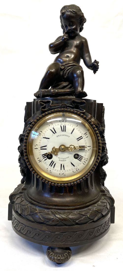 ANTIQUE FRENCH BRONZE CASED MANTEL CLOCK WITH CHERUB BY BELLENOT PARIS - ADDITIONAL PHOTO 1