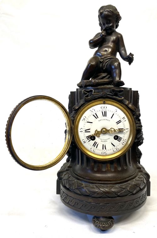 ANTIQUE FRENCH BRONZE CASED MANTEL CLOCK WITH CHERUB BY BELLENOT PARIS - ADDITIONAL PHOTO 2