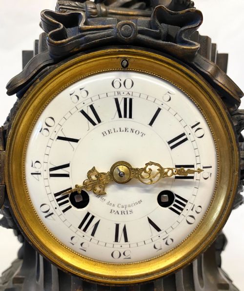 ANTIQUE FRENCH BRONZE CASED MANTEL CLOCK WITH CHERUB BY BELLENOT PARIS - ADDITIONAL PHOTO 3