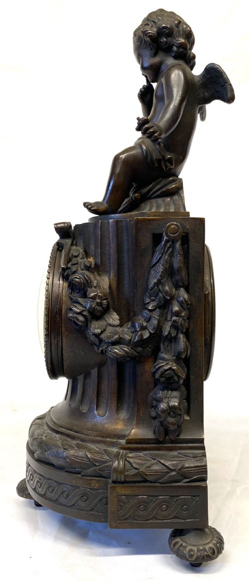 ANTIQUE FRENCH BRONZE CASED MANTEL CLOCK WITH CHERUB BY BELLENOT PARIS - ADDITIONAL PHOTO 4