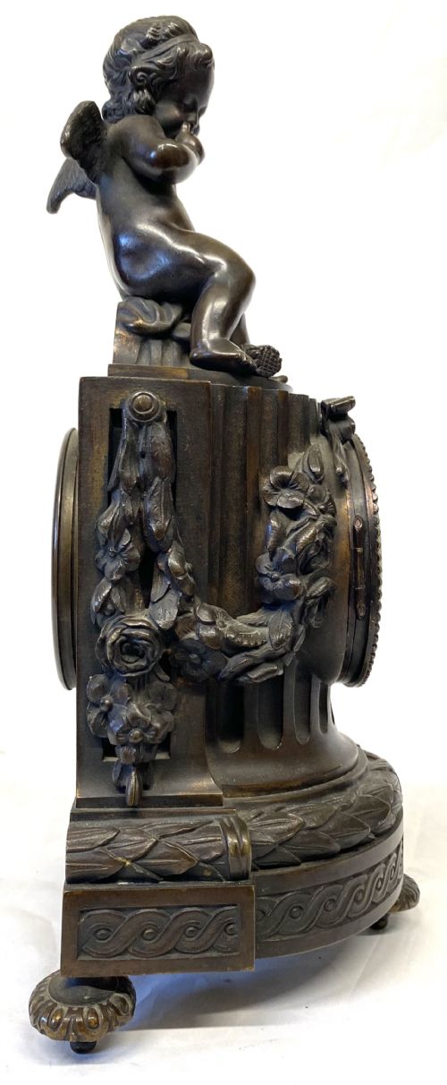 ANTIQUE FRENCH BRONZE CASED MANTEL CLOCK WITH CHERUB BY BELLENOT PARIS - ADDITIONAL PHOTO 5