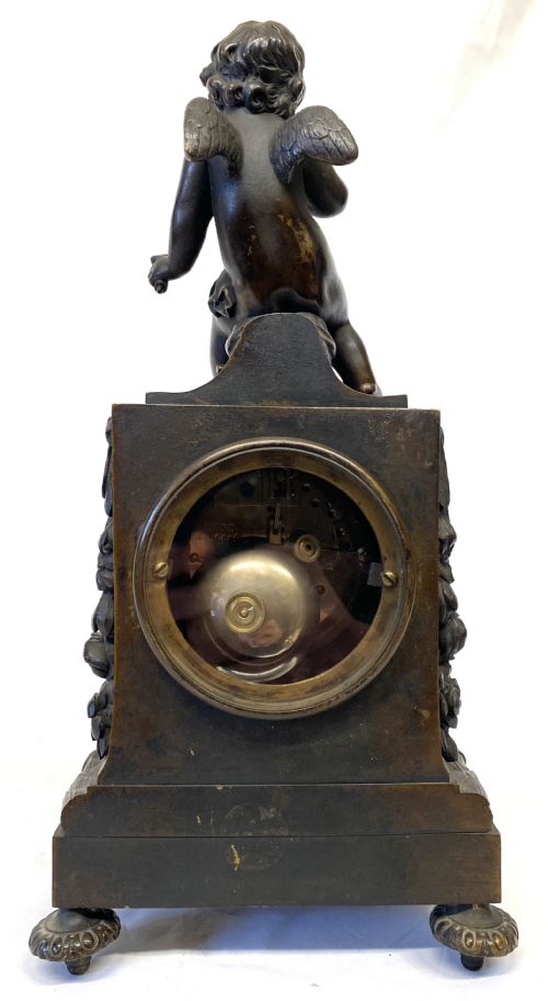 ANTIQUE FRENCH BRONZE CASED MANTEL CLOCK WITH CHERUB BY BELLENOT PARIS - ADDITIONAL PHOTO 7