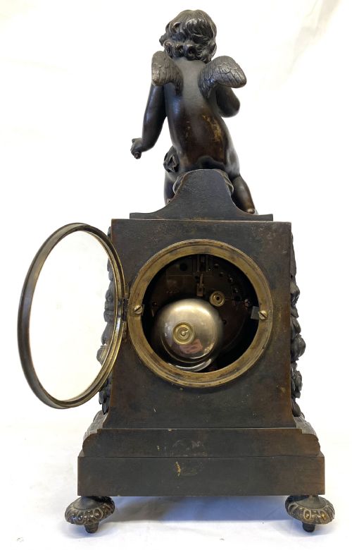 ANTIQUE FRENCH BRONZE CASED MANTEL CLOCK WITH CHERUB BY BELLENOT PARIS - ADDITIONAL PHOTO 8