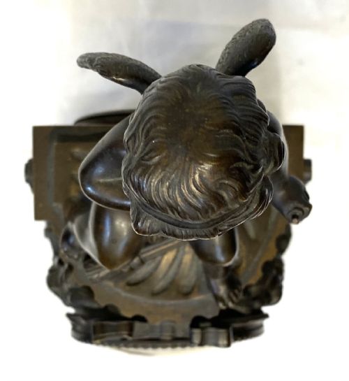 ANTIQUE FRENCH BRONZE CASED MANTEL CLOCK WITH CHERUB BY BELLENOT PARIS - ADDITIONAL PHOTO 11