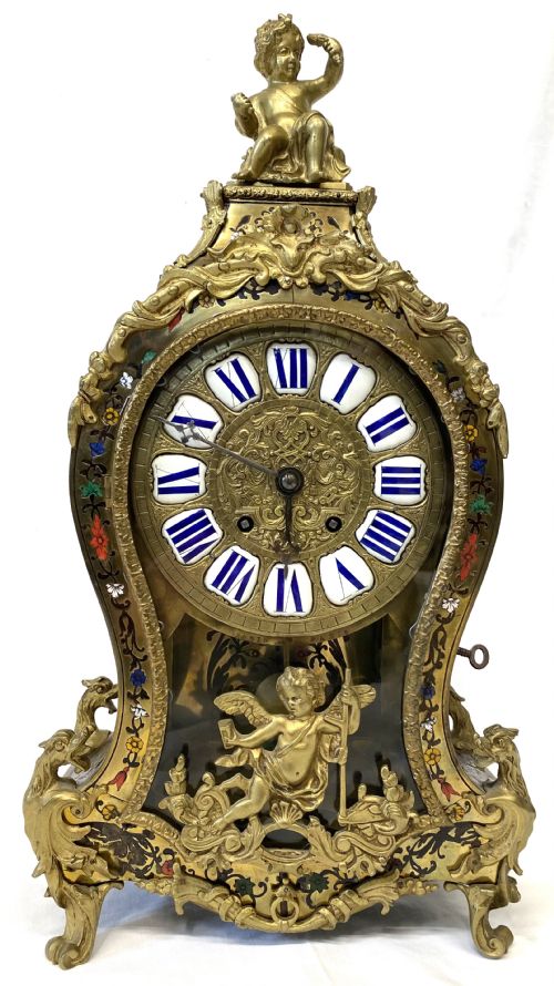 fig 1. Large Antique French Boulle Clock Inlaid With Semi Precious Stone and Ormolu Mounts
