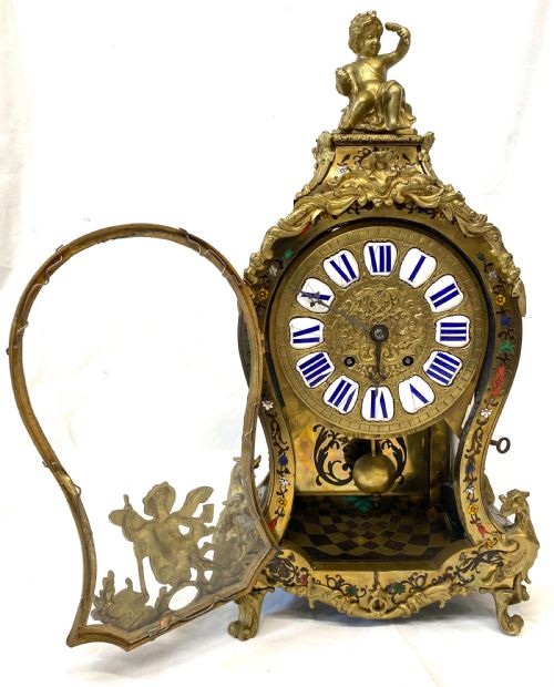fig 2. Large Antique French Boulle Clock Inlaid With Semi Precious Stone and Ormolu Mounts