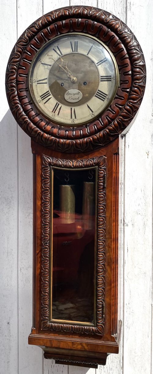Stunning Antique Mahogany Tavern Wall Clock with Glass Door and Brass Weights