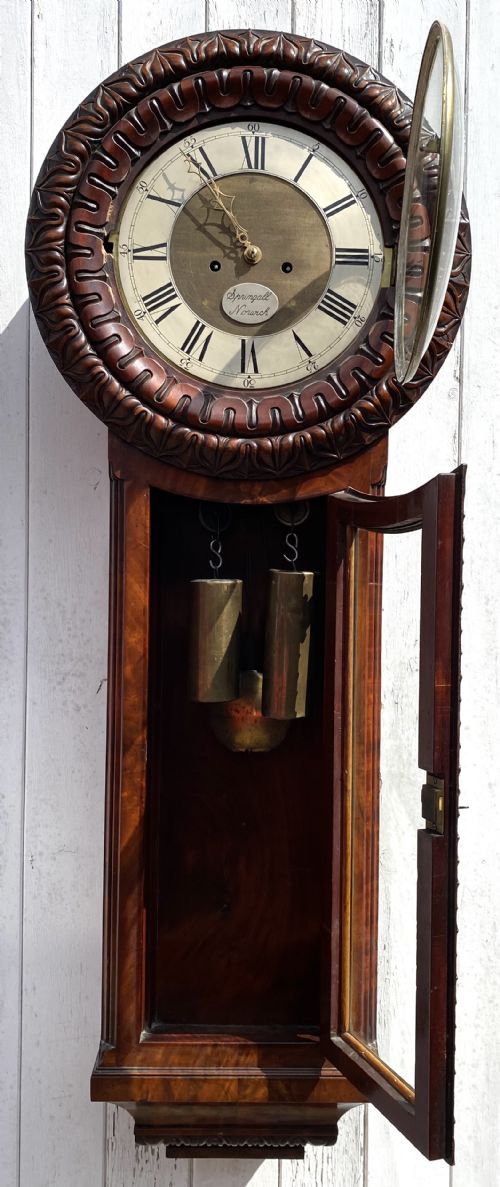 fig 1. Stunning Antique Mahogany Tavern Wall Clock With Glass Door And Brass Weights