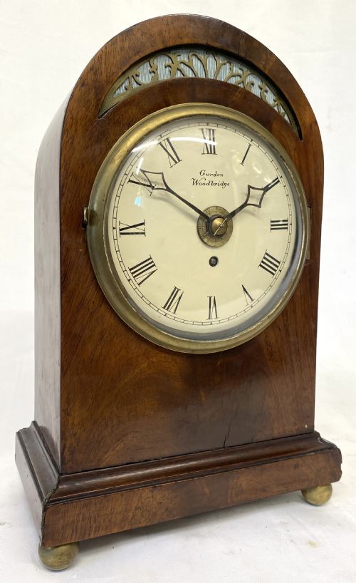 Antique Mahogany Miniature Single Fusee Alarm Mantel Clock by Gurdon Woodbridge