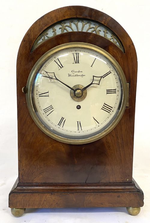 fig 1. Antique Mahogany Miniature Single Fusee Alarm Mantel Clock By Gurdon Woodbridge