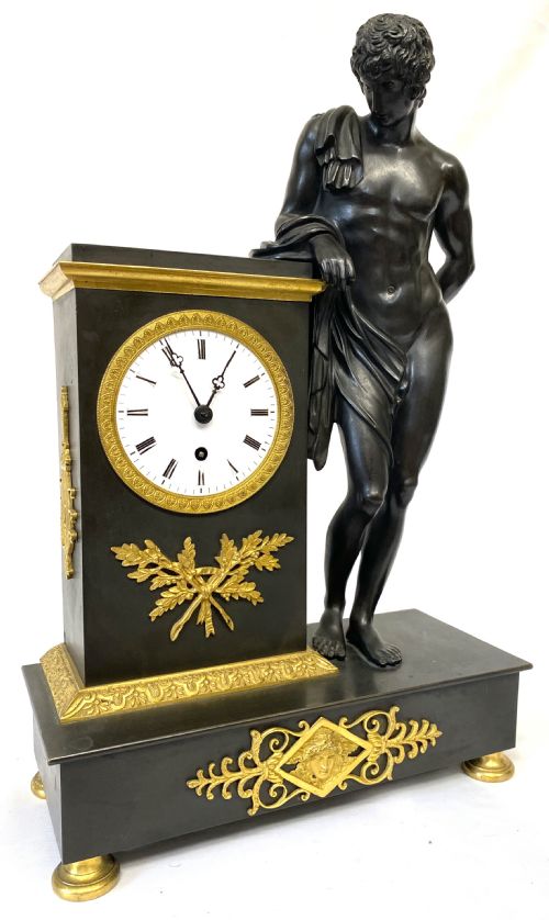 Antique Bronze and Gilt Bronze Regency Figural Chain Fusee Mantel Clock