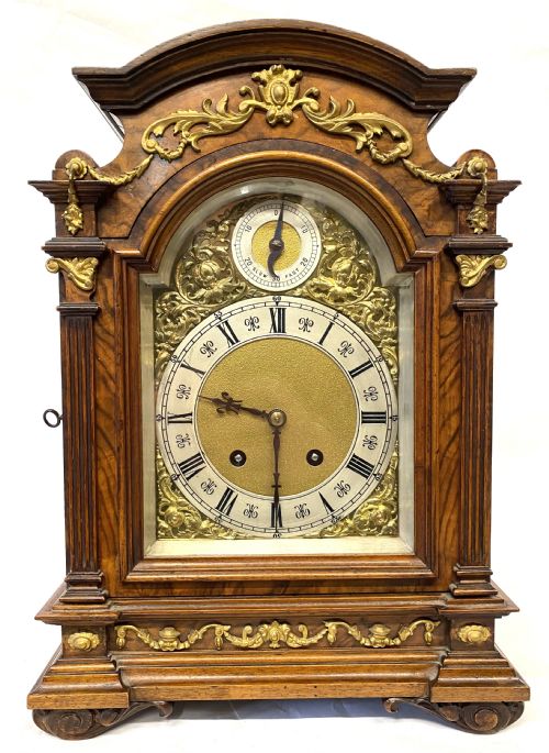 fig 1. Antique Walnut Shaped Bracket Clock With Ormoul Mounts By Lenzkirch