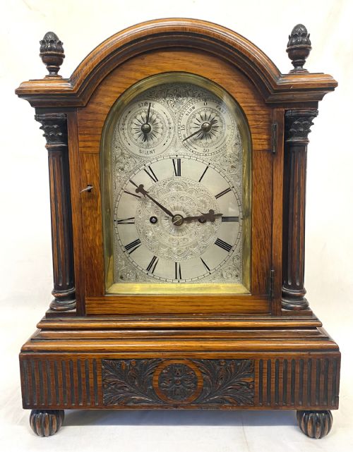 fig 2. Antique Oak Double Chain Fusee Mantel Clock With A Silvered Dial Working Order