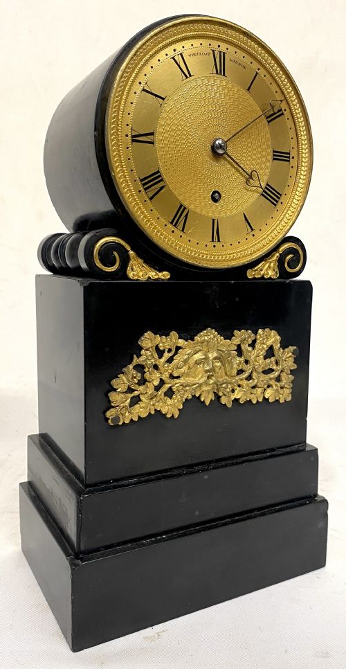 fig 1. Antique Regency Black Marble Slate Single Fusee Mantel Clock By Vulliamy London