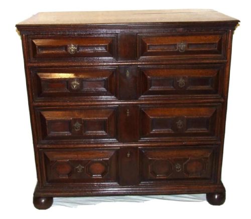 Antique Oak 17th Century Cushion Paneled / Molded Front Chest of Drawers