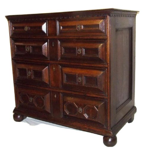 fig 1. Antique OAK 17th Century Cushion Paneled / Molded Front Chest Of Drawers