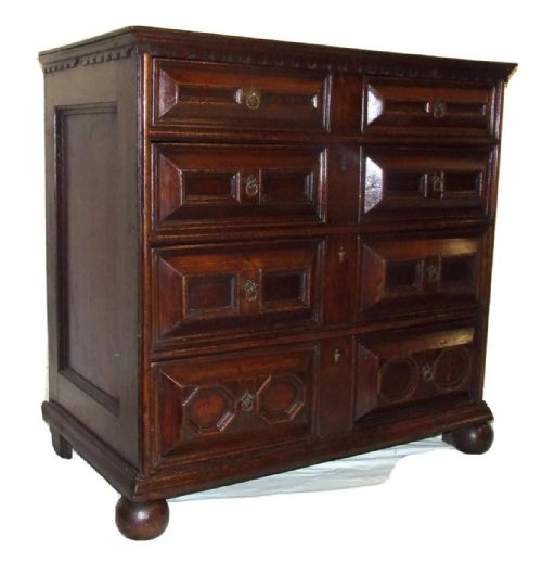 fig 3. Antique OAK 17th Century Cushion Paneled / Molded Front Chest Of Drawers