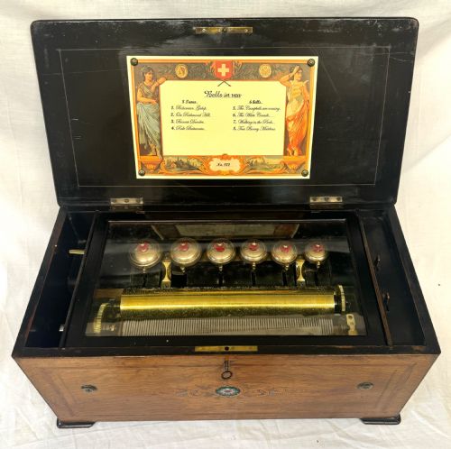 STUNNING ANTIQUE SWISS ROSEWOOD INLAID MUSICAL BOX EIGHT AIRS WITH 6 BELLS - ADDITIONAL PHOTO 5