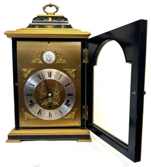 fig 1. Stunning Musical Elliot London Black Chinoiserie Musical Clock Lacquered Harrods