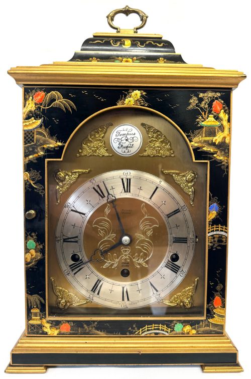 fig 2. Stunning Musical Elliot London Black Chinoiserie Musical Clock Lacquered Harrods