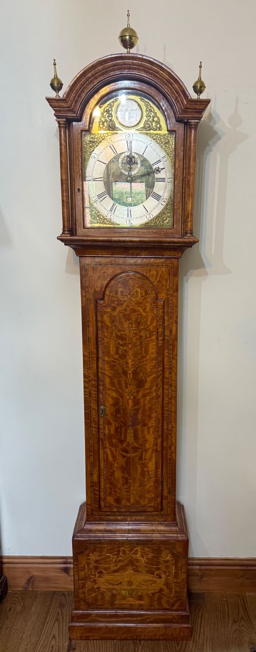 fig 1. Antique Matquetry Inlaid Satin Wood Grandfather Clock By Thomas Reynolds Oxford