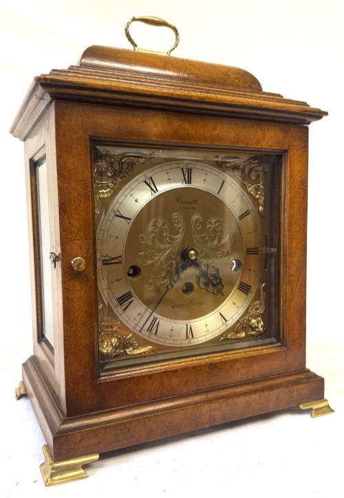 Lovely Comitti of London Burr Walnut Basket to Mantel Clock 3 Tune Movement