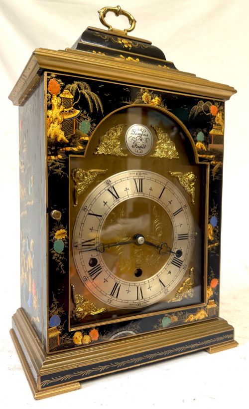 Stunning Musical Elliott London Black Chinoiserie Three Train Clock Lacquered