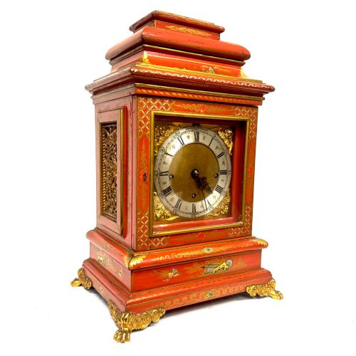 Stunning Antique Red Lacquered Chinoiserie Musical Mantel / Bracket Clock.