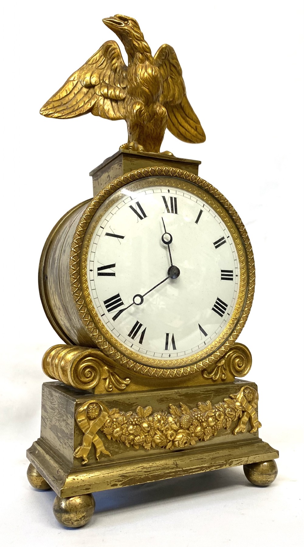 Antique Regency Gilt Bronze Mantel Clock With Eagle Final And Floral Mounts