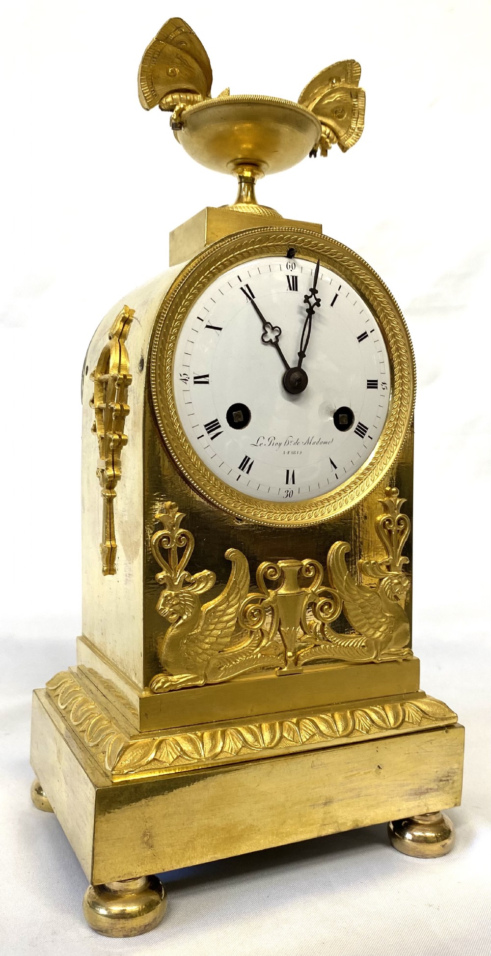 Antique Chiming Gilt Bronze Mantel Clock With Butterfly’s and Griffins by Le Roy A Paris